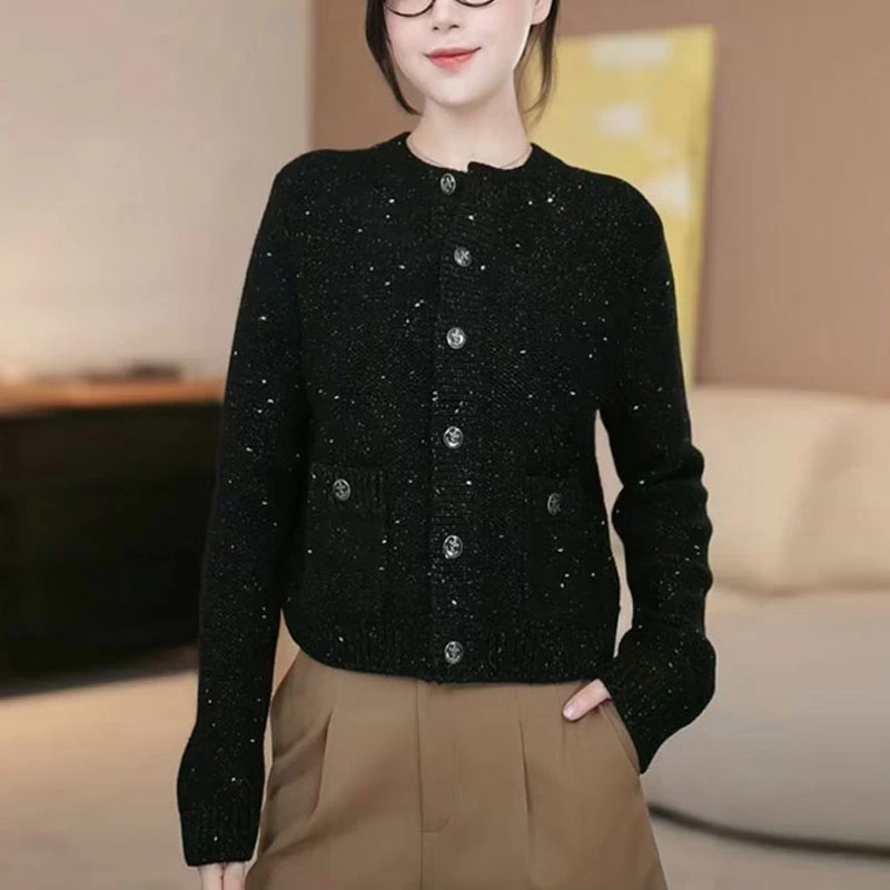 【商场同款】秋冬百搭细闪小香风圆领针织短款开衫外套袁衣都舍上衣