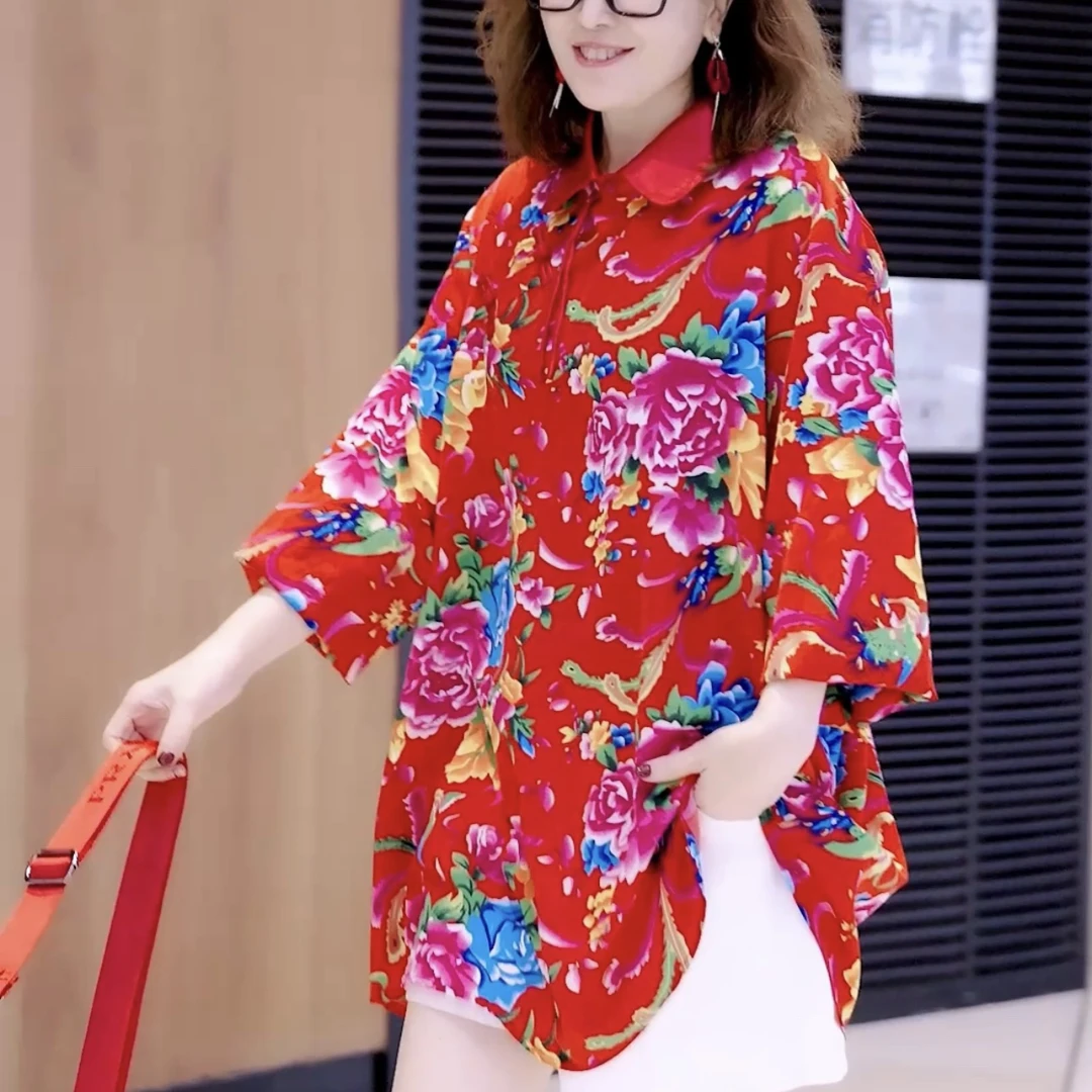 衬衣领盘扣东北大花2825年新特色印花衬衫盘扣设计宽松大码上衣