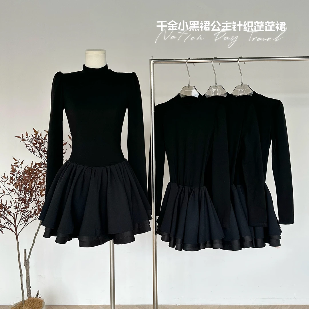 黑色长袖连衣裙女秋季纯欲收腰显瘦小黑裙高级感气质蓬蓬裙公主裙