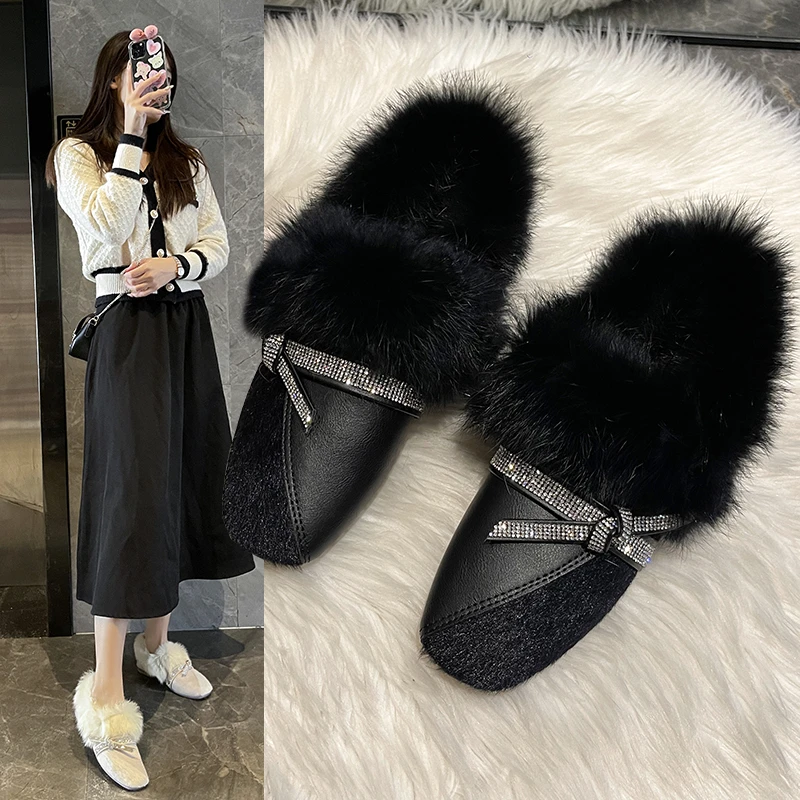 秋冬季毛毛鞋女外穿软底水钻百搭豆豆鞋韩版流行时尚女鞋子