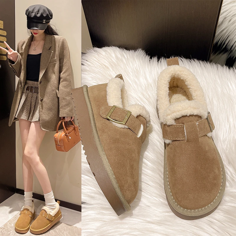 勃肯鞋女加绒2024冬季新款软底一脚蹬豆豆鞋平底舒适保暖毛毛棉鞋