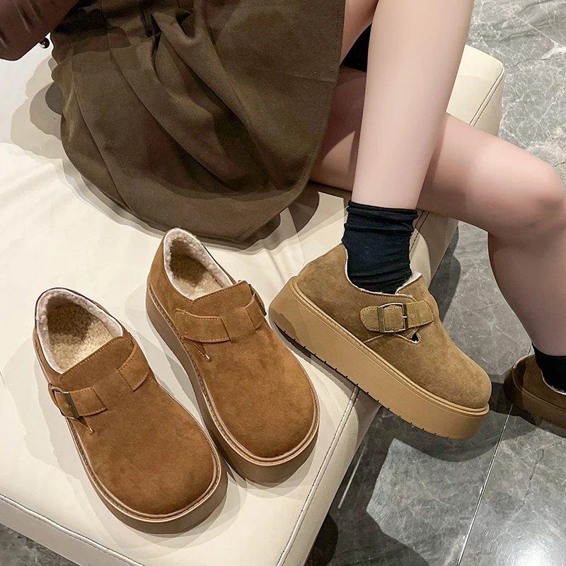 勃肯鞋女冬加绒2024年新款百搭复古厚底小个子一脚蹬雪地毛毛棉鞋