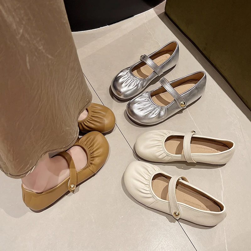 法式银色晚晚玛丽珍女鞋子2024春夏新款平底褶皱芭蕾舞奶奶鞋单鞋