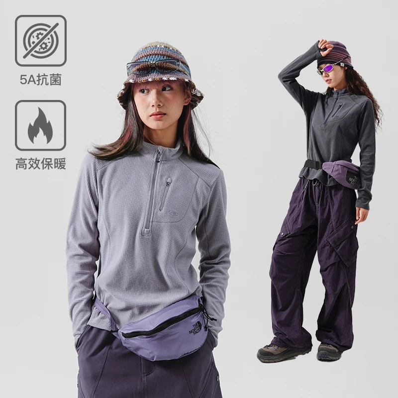 nothomme blue蓝岐户外运动方格抓绒套头衫半拉链保暖长袖卫衣女