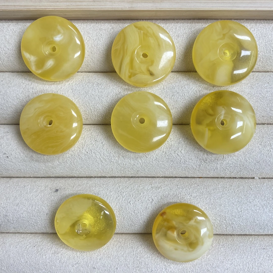 天然琥珀蜜蜡平安扣满面白花金绞