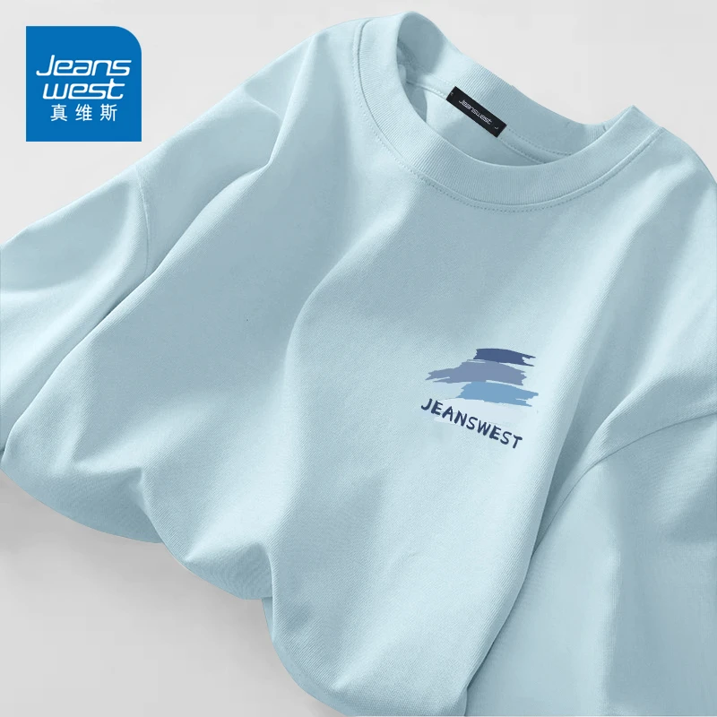 真维斯慵懒风长袖t恤男秋季浅蓝重磅纯棉打底衫宽松休闲男士体恤A