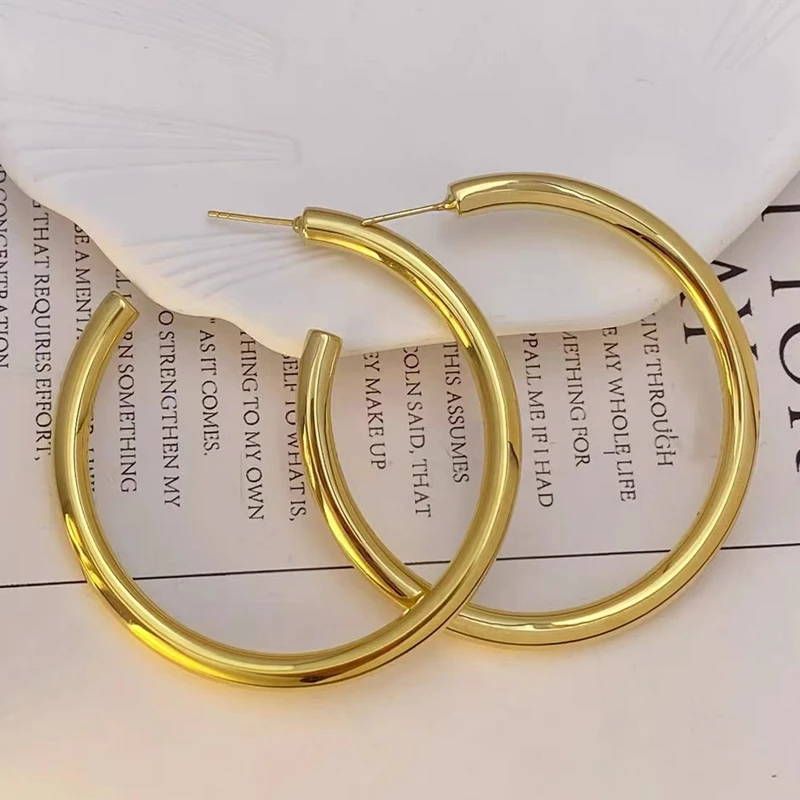 18K金光面素金大耳圈粗4.6mm/卡60mm大耳环简约欧美素圈时尚