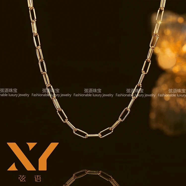 弦语珠宝 18K金双层卡家项链女方框链素链彩金简约ins高级感锁骨