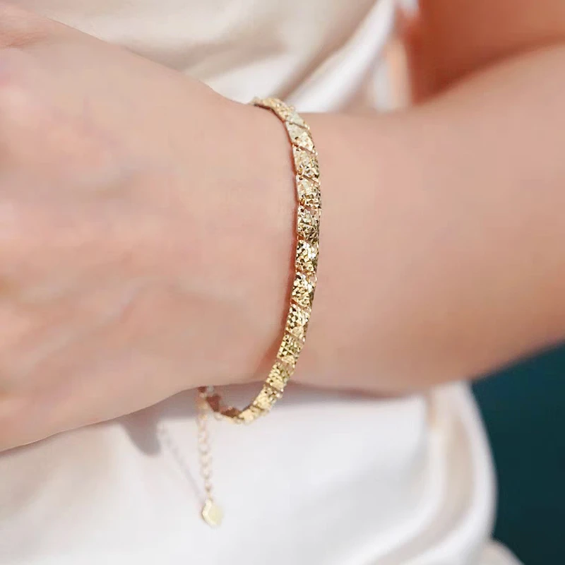 18K金黄白双色车花爆闪菱形格手链轻奢气质时尚百搭