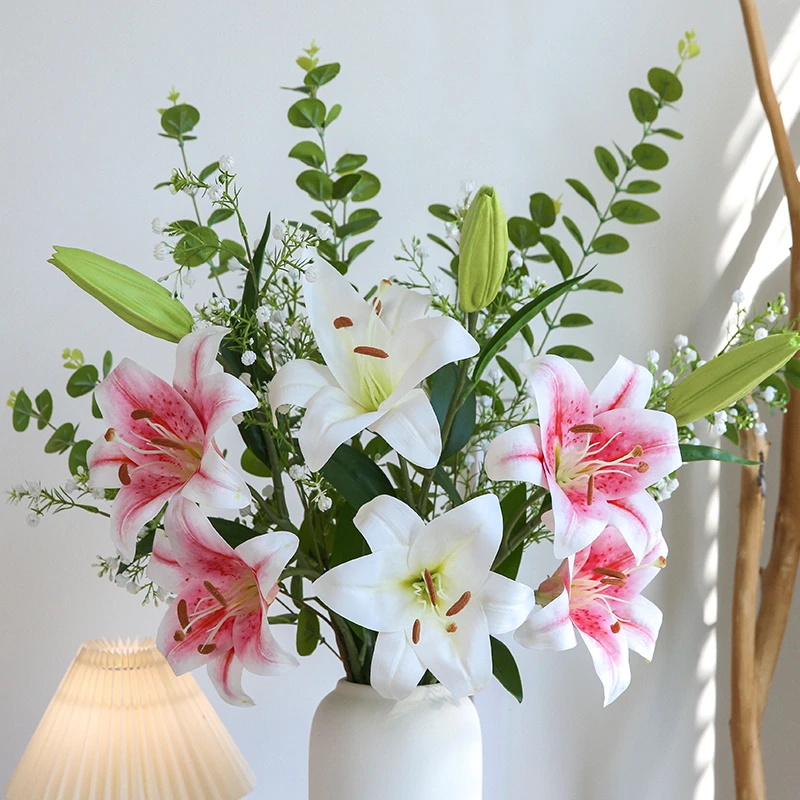 高仿真花束百合满天星套装花束家居摄影装饰摆件样板房软装花艺