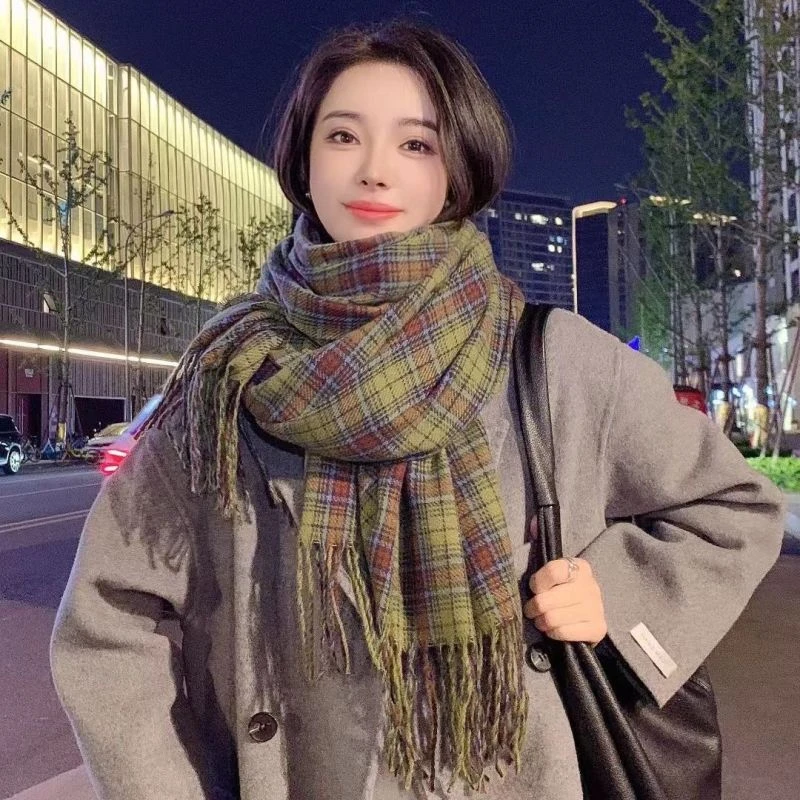 韩系复古绿色格子围巾女秋冬季新款百搭加厚高级感保暖披肩围脖男