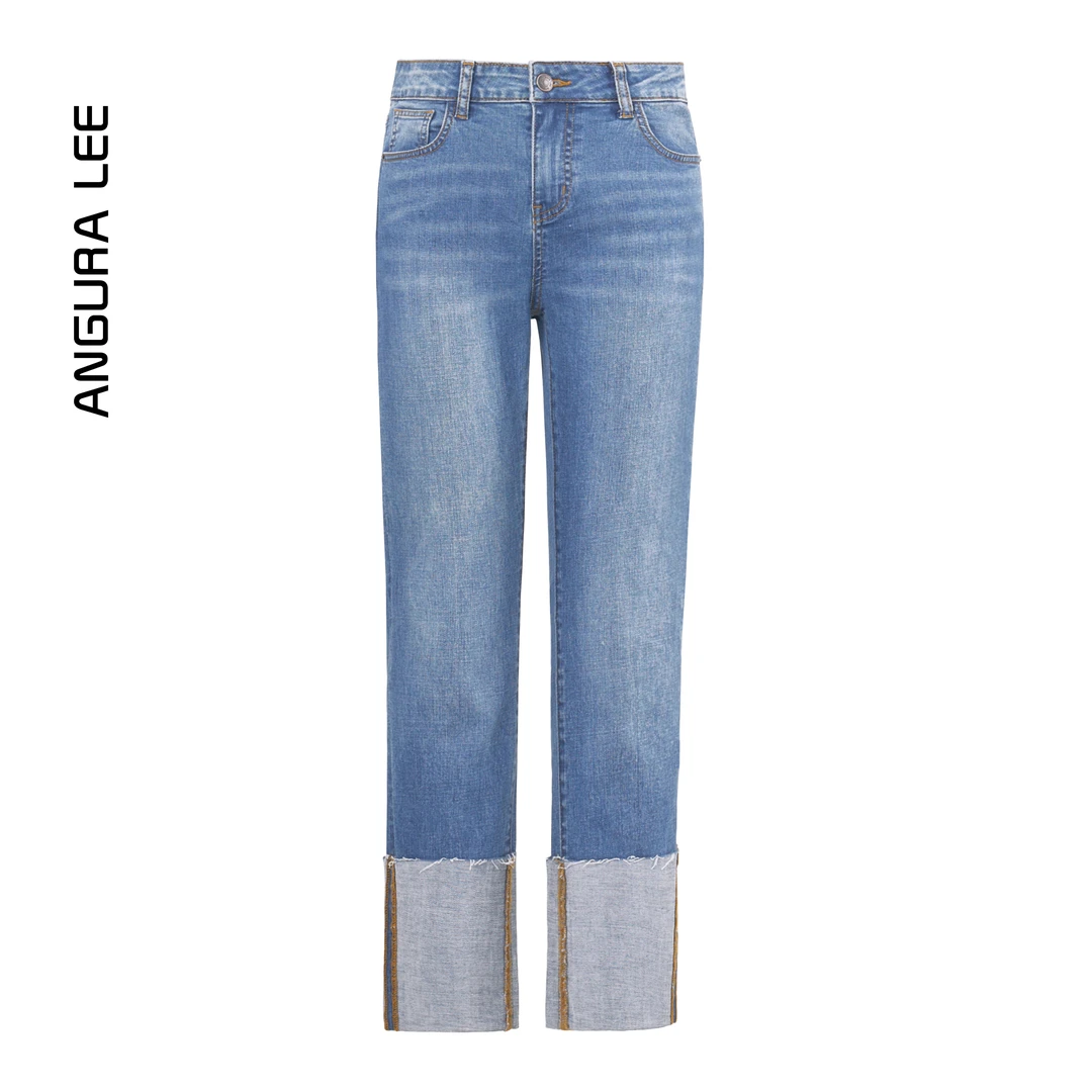Angura Lee高腰弹力卷边九分烟管直筒牛仔裤百搭微胖女生小个子