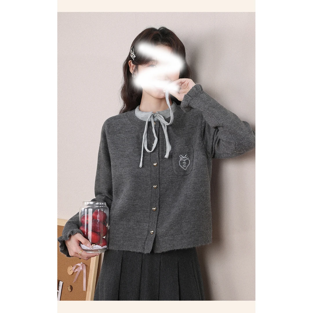 【星星】275圆领假两件针织衫女新款蝴蝶结宽松复古开衫外套上衣