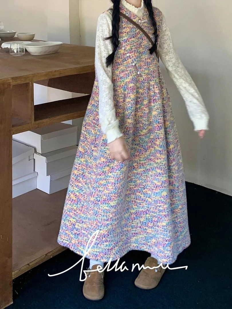 套装2024秋冬季韩系减龄长袖T恤上衣设计感彩色背带连衣裙两件套