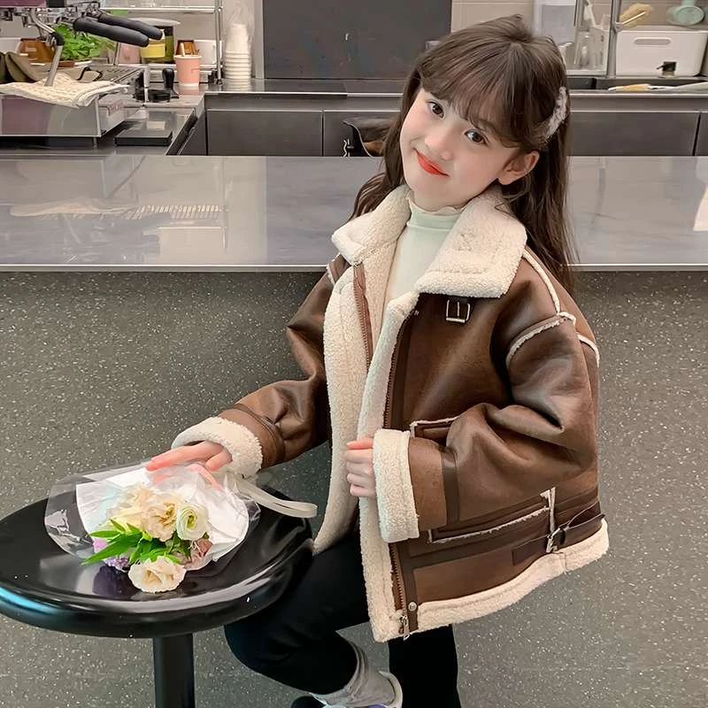 女童仿麂皮衣外套冬季2025新款中大女童秋冬洋气时髦加绒加厚上衣
