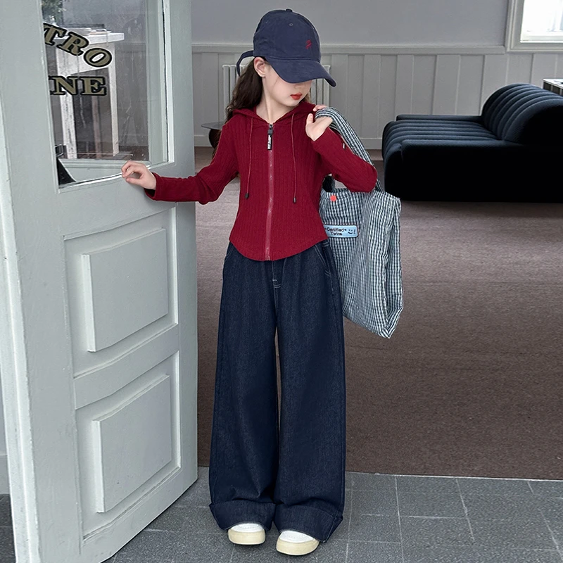 女童春秋款2025新款时髦女大童装针织连帽开衫外套牛仔阔腿裤套装