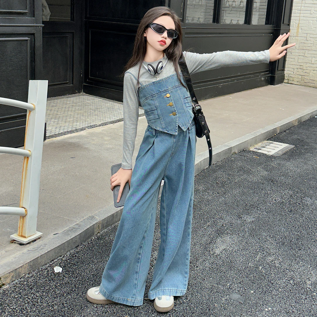 女 童长袖T恤叠穿辣妹吊带背心宽松高腰牛仔阔腿裤三件套秋季套装