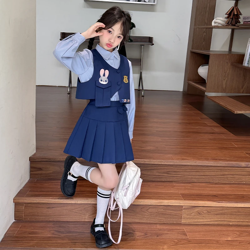 女孩秋装兔子警官制服套装2024新款洋气学院风衬衫百褶裙三件套潮