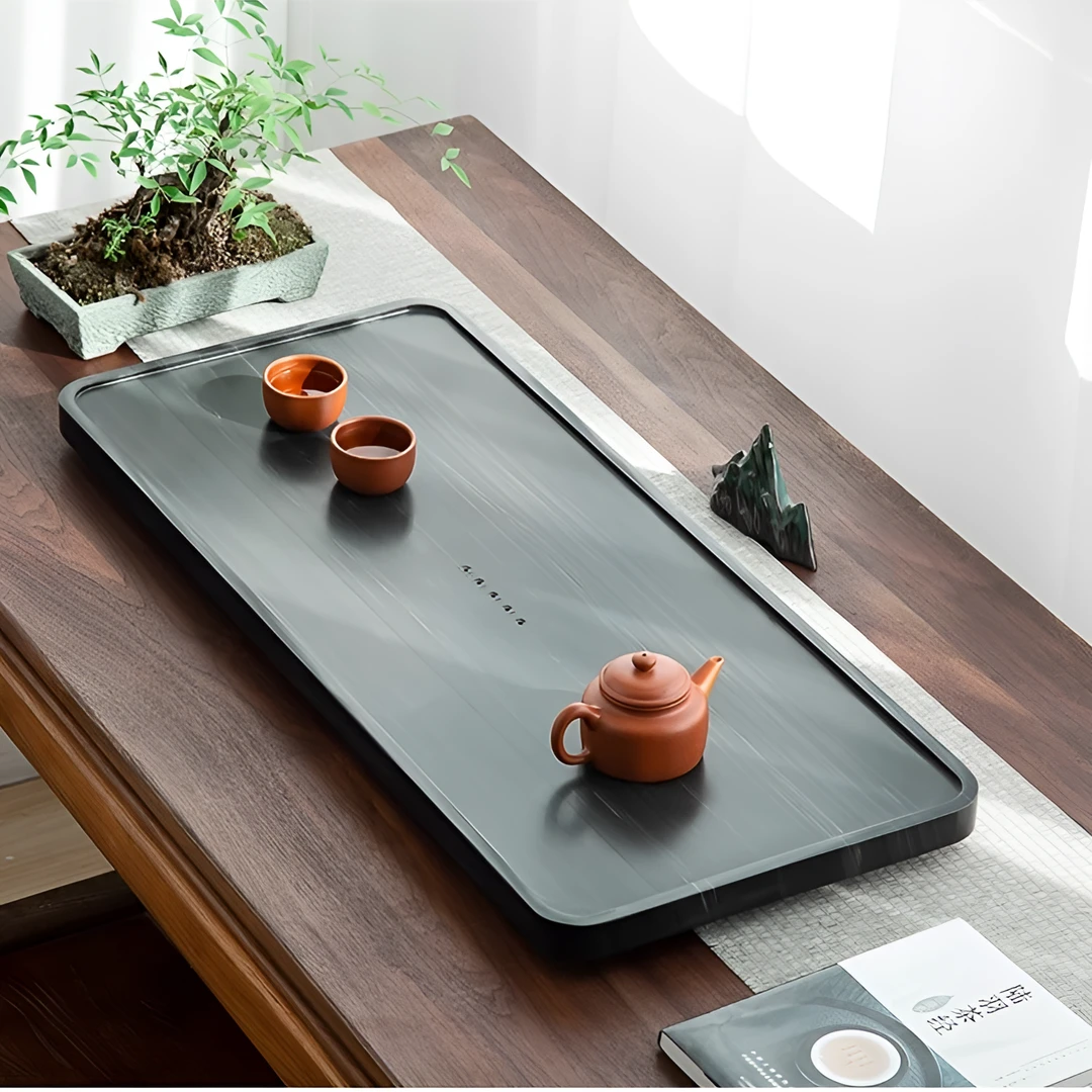 【送货上门】茶盘干湿泡两用家用木纹茶盘整块托盘石茶盘简约嵌入款
