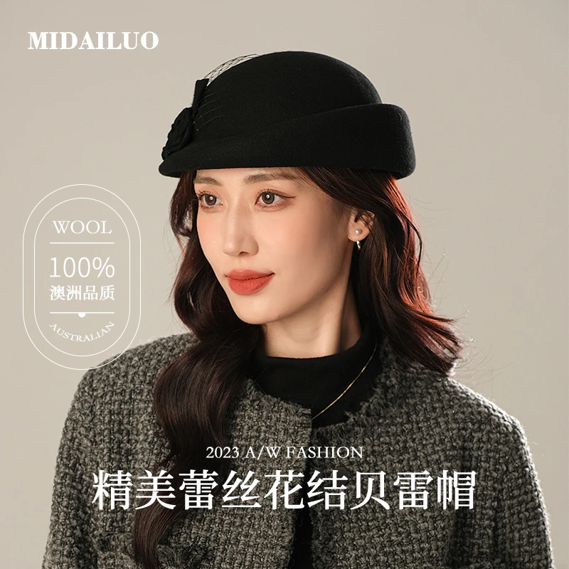 黑色羊毛礼帽女秋冬新款复古时尚名媛毡帽英伦优雅百搭法式帽子冬