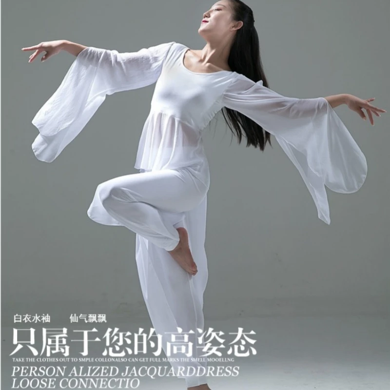 舞韵飘逸国风宽松白色瑜珈服套装女舞蹈演出服肚皮舞纱裤表演服