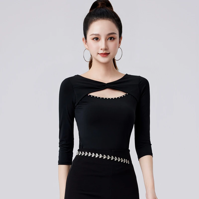 拉丁舞服形体秋新款七分袖交谊舞上衣女高端烫钻国标摩登舞练功服