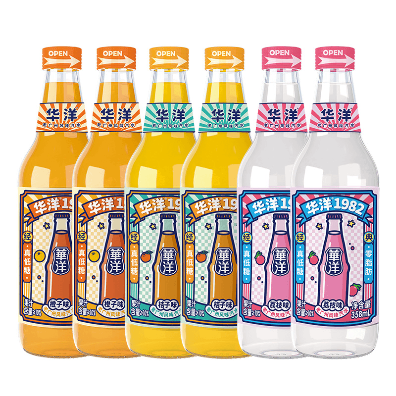 【会员专属清仓9月】华洋1982果汁果味汽水混合口味358ml*6瓶