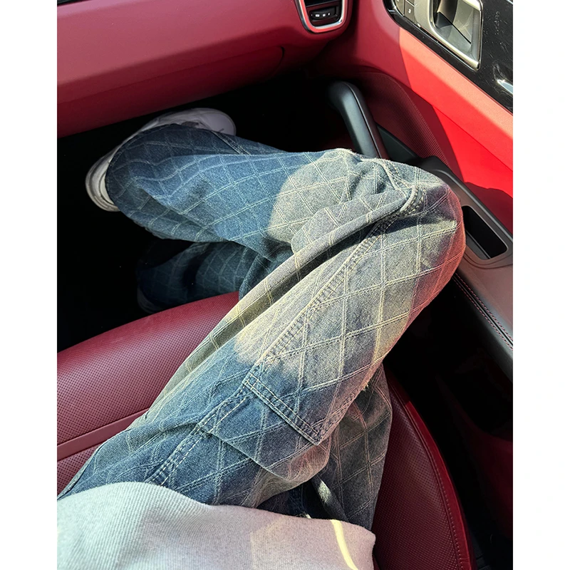 cleanfit菱形格纹提花牛仔裤男款美式高街直筒设计感小众微喇裤子