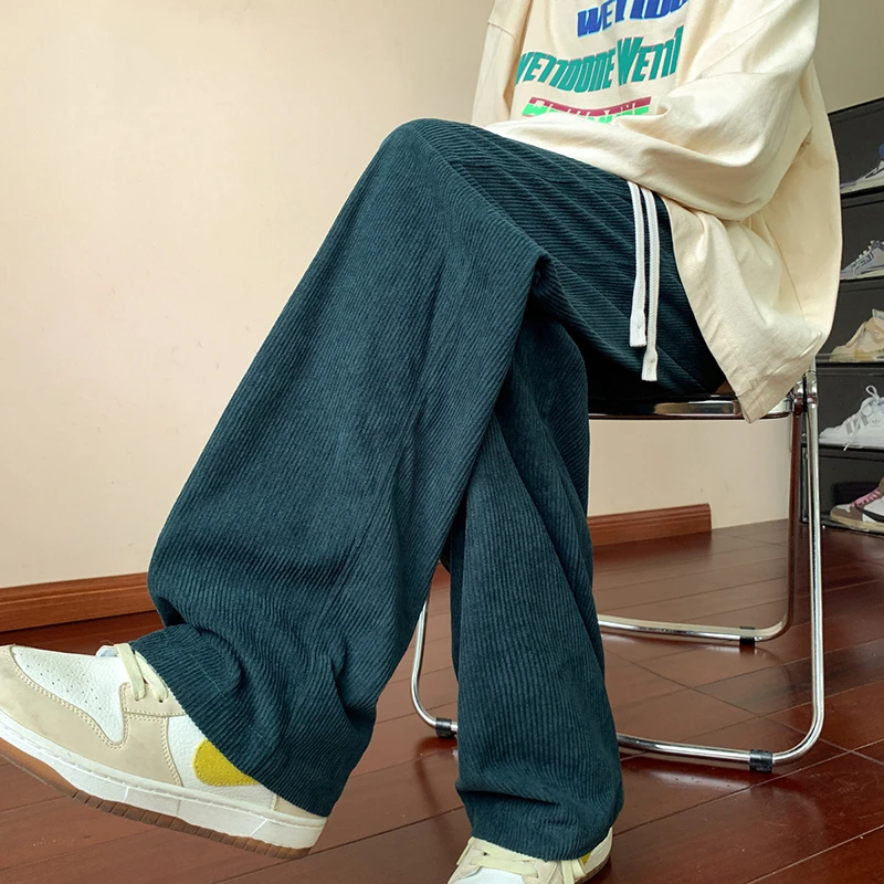 墨绿色灯芯绒阔腿裤男cityboy日系复古大码直筒休闲裤高个子长裤