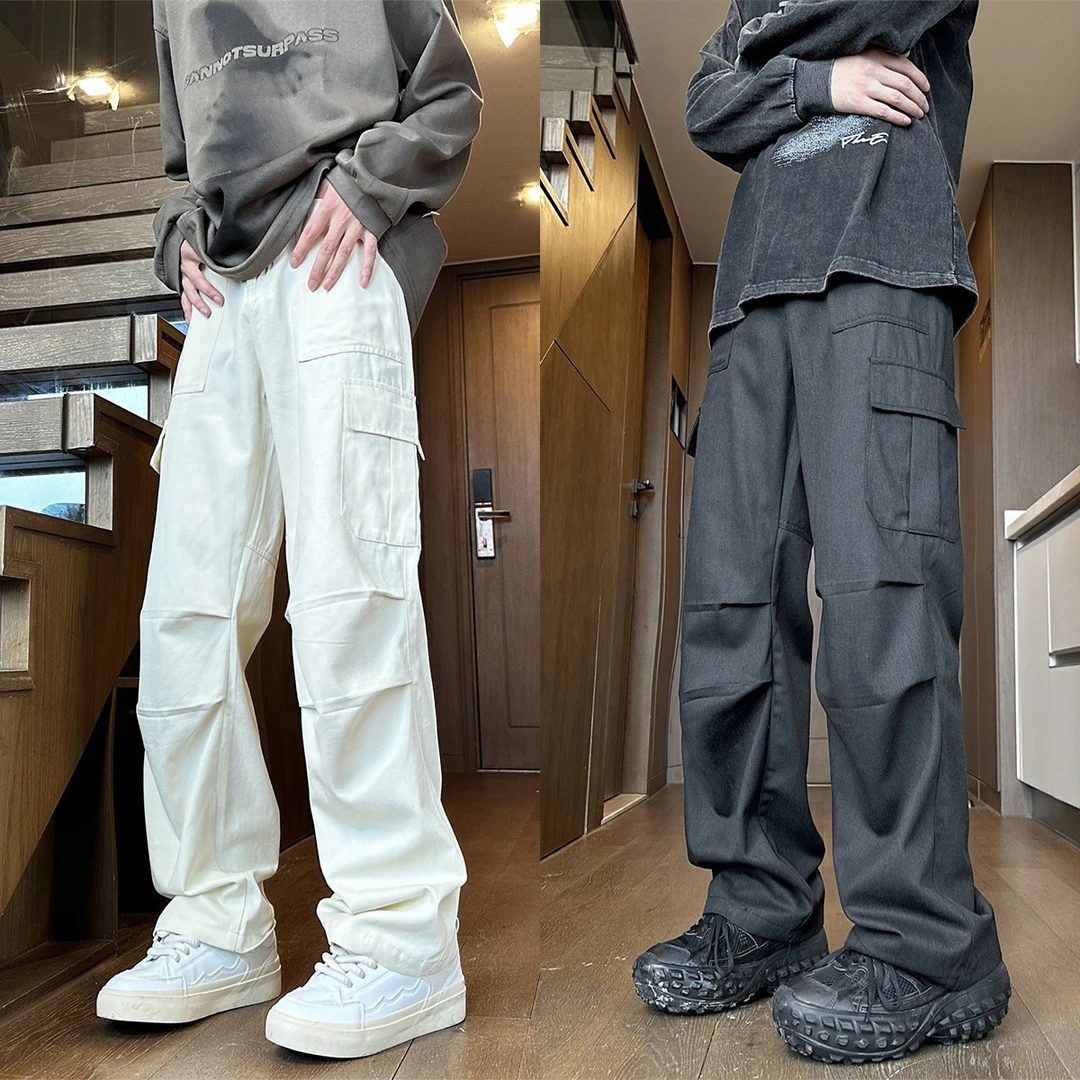 褶皱山系伞兵工装裤男款夏季大口袋直筒休闲裤加长美式vibe伐木裤