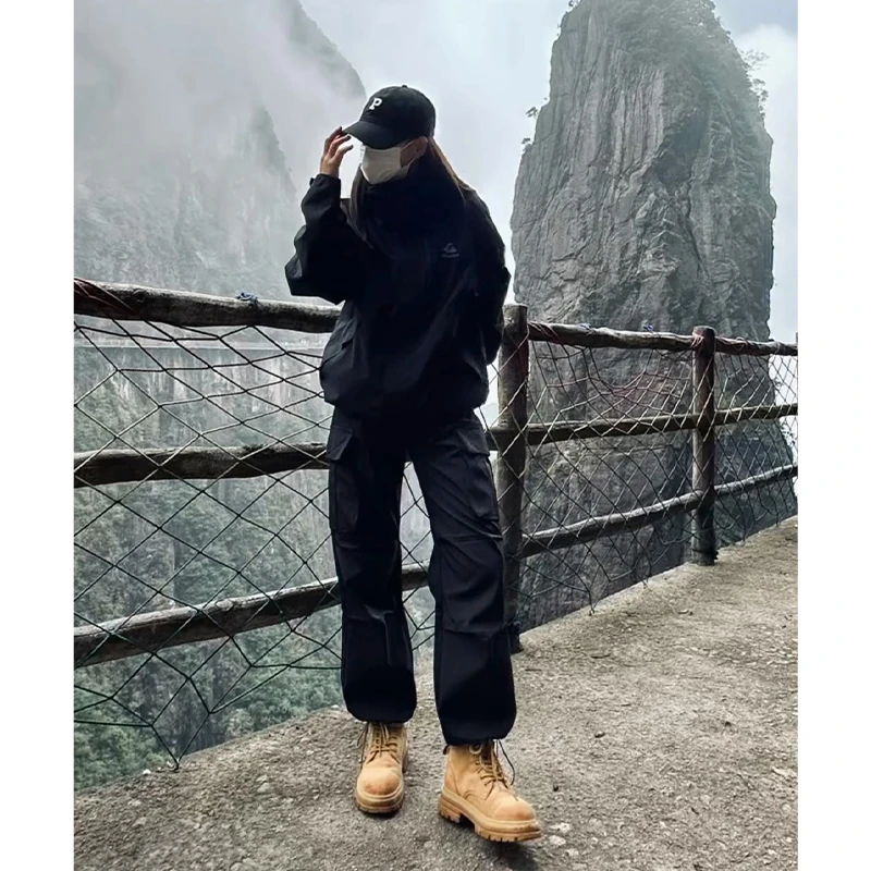 美式机能vibe软壳冲锋裤男款秋冬黑色伞兵工装裤直筒美式登山裤子