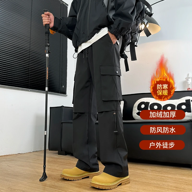 黑色软壳防水加绒冲锋裤子男款秋冬户外登山裤美式机能伞兵工装裤