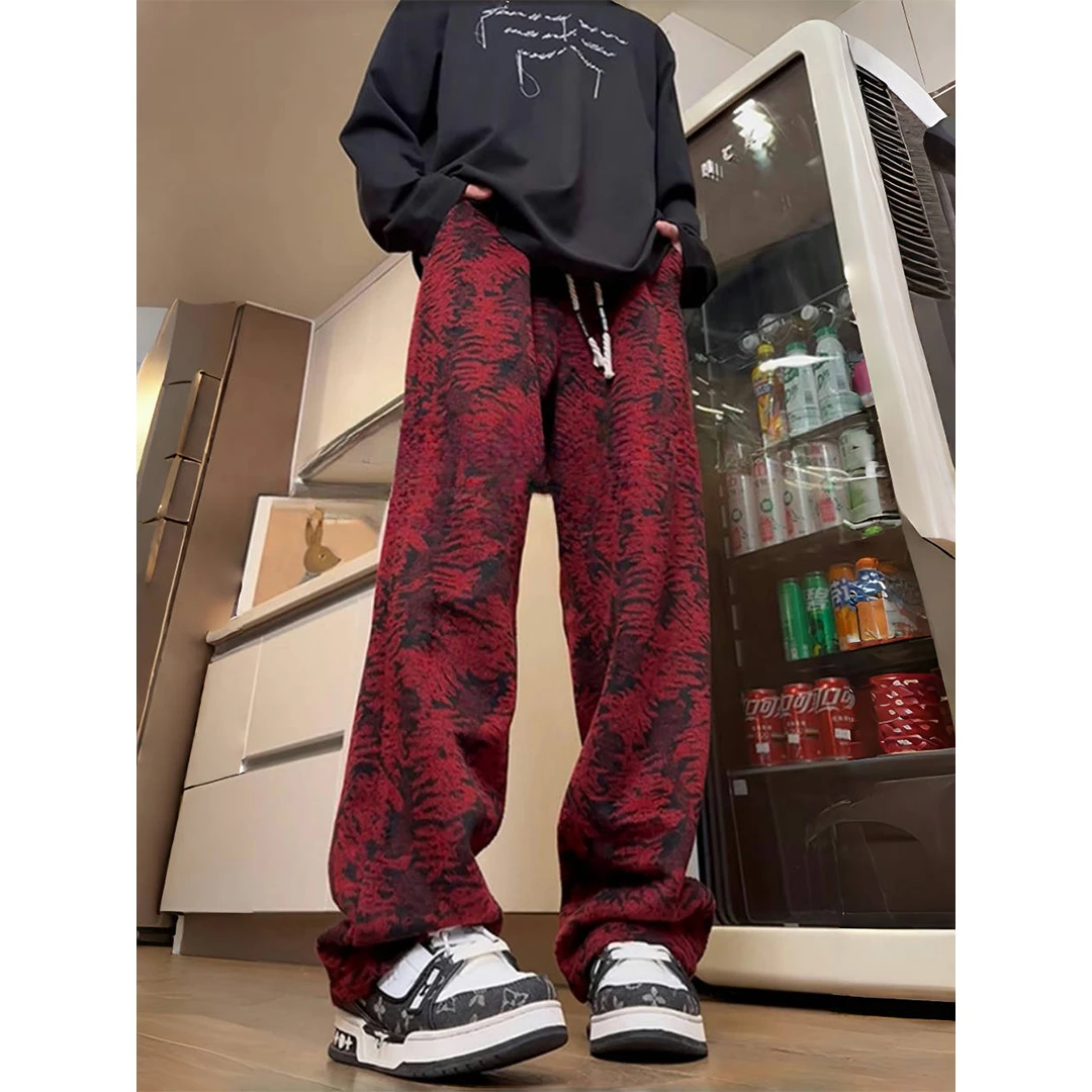 美式复古安可拉红色扎染提花裤子男秋冬重磅卫裤垂坠感毛呢阔腿裤