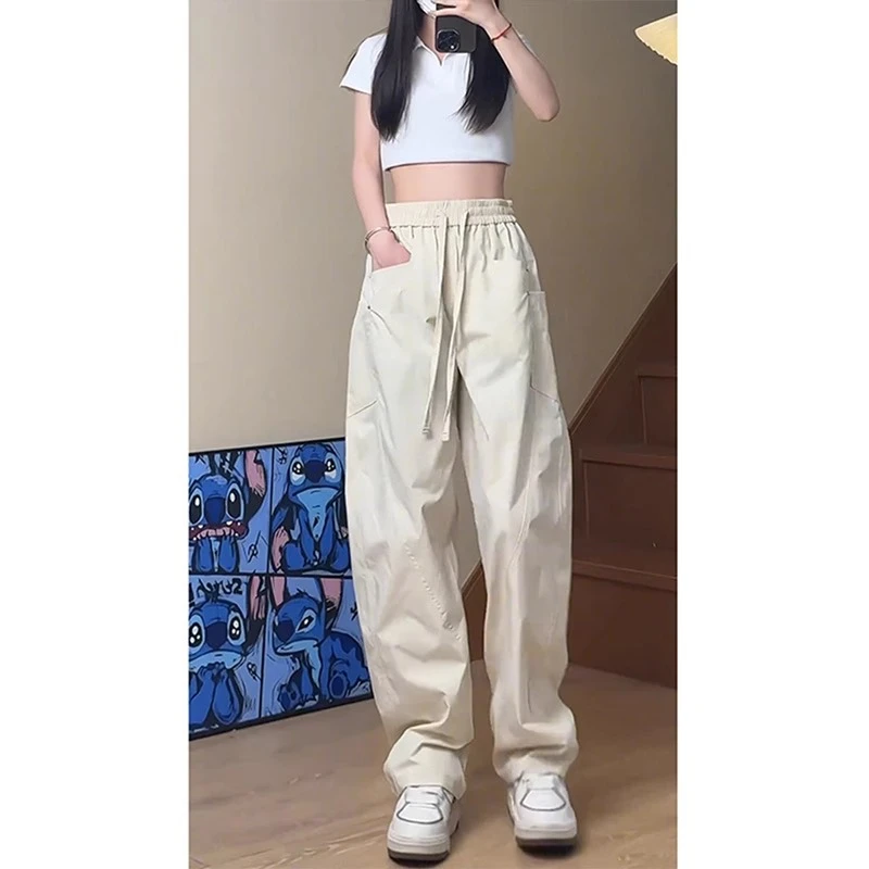 米杏色冰丝速干休闲裤男款夏季潮牌宽松直筒阔腿休闲高级感弯刀裤