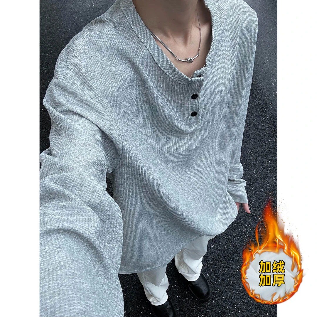 亨利领加绒卫衣男秋冬季美式重磅长袖T恤高街宽松保暖内搭打底衫