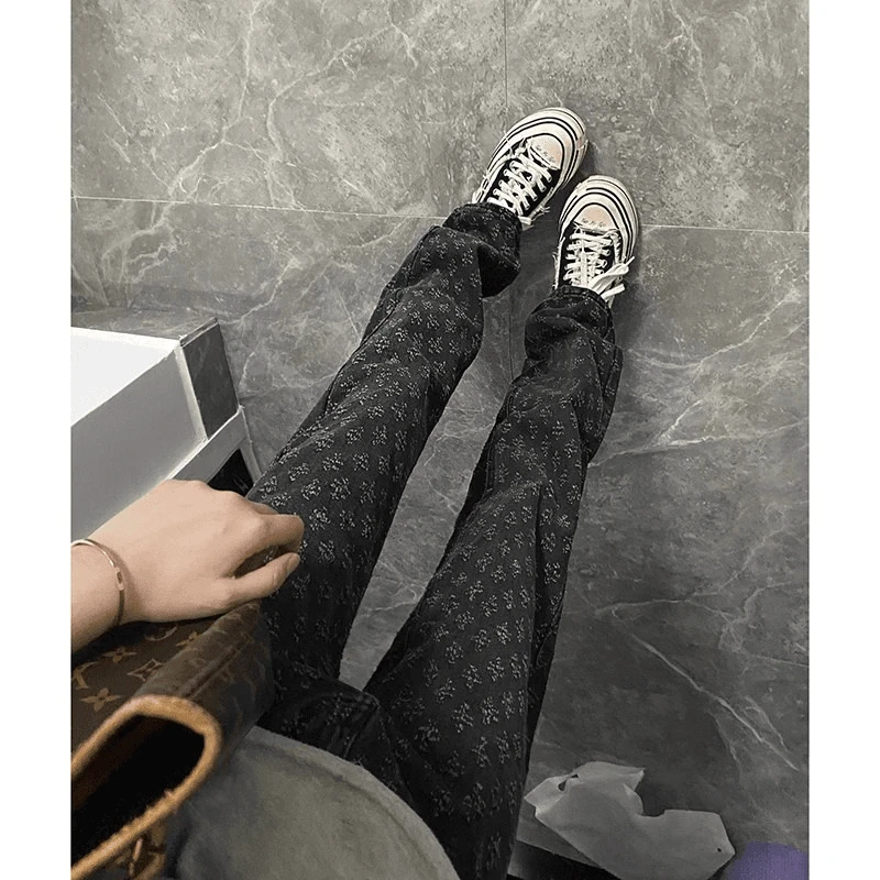 男生提花满印牛仔裤男秋季潮牌设计感小众直筒裤美式高街vibe裤子