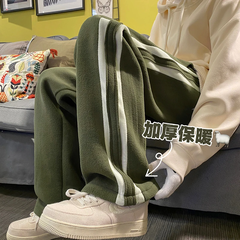 摇粒绒冬季加绒加厚校服裤子两条杠咖色阔腿卫裤男美式高街直筒裤