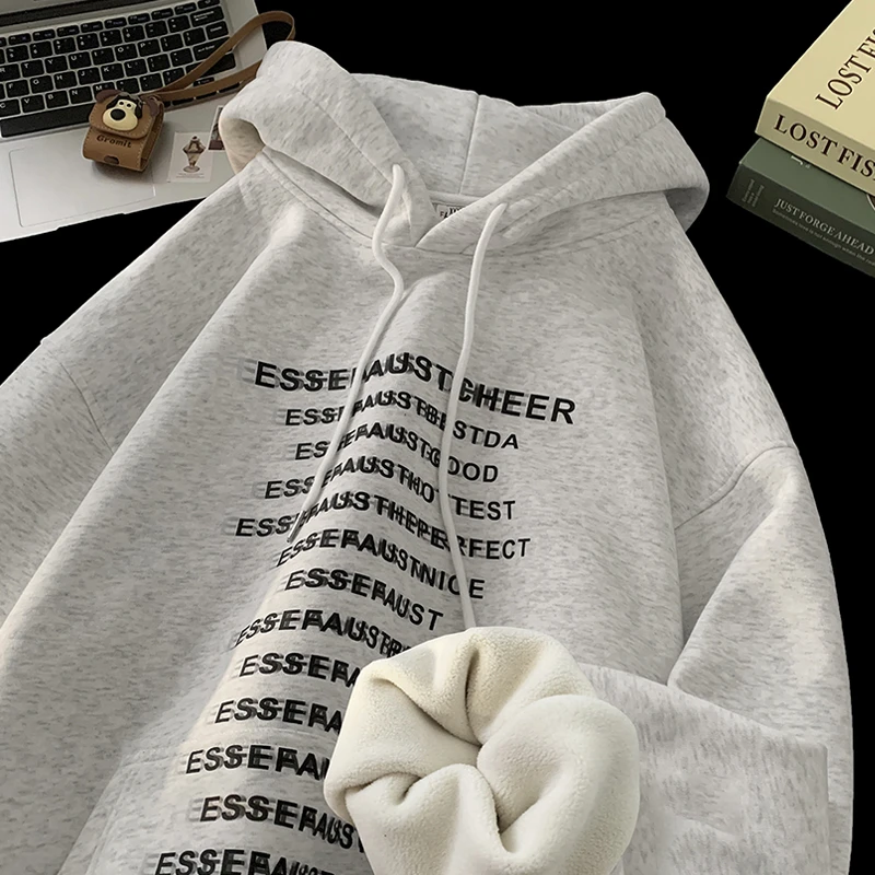 山东即墨卫衣加绒男款秋冬美式高街字母印花连帽衫慵懒风情侣外套