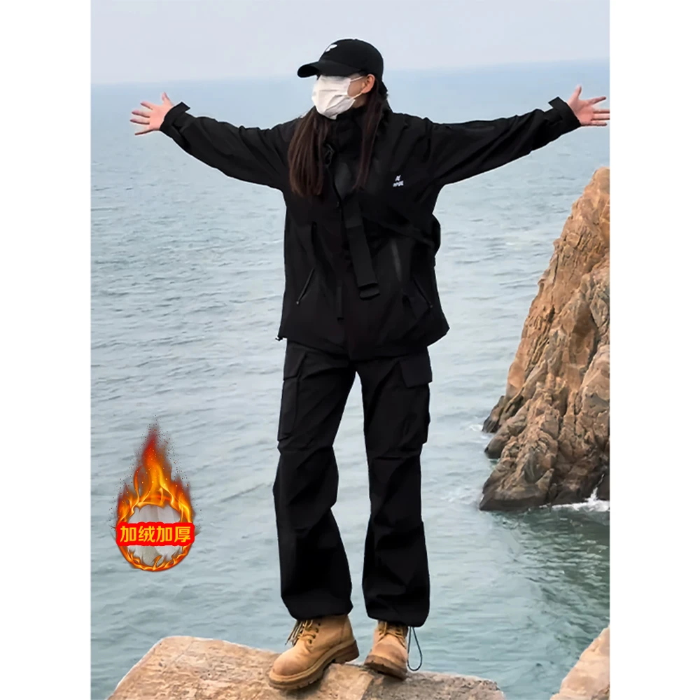 美式机能加绒冲锋裤男款秋冬防水保暖工装裤子直筒束脚户外登山裤