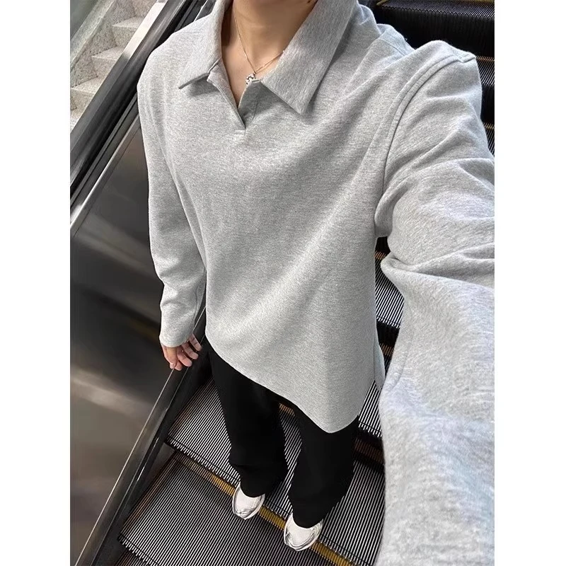 花灰色重磅POLO衫男痞帅高级感卫衣美式纯色简约宽松长袖打底T恤