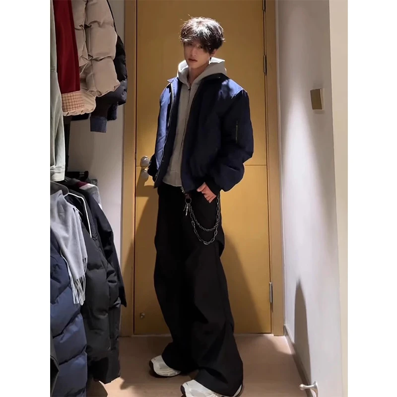 美式cleanfit藏青色短款飞行夹克棉服男冬季加厚廓形短款棉衣外套