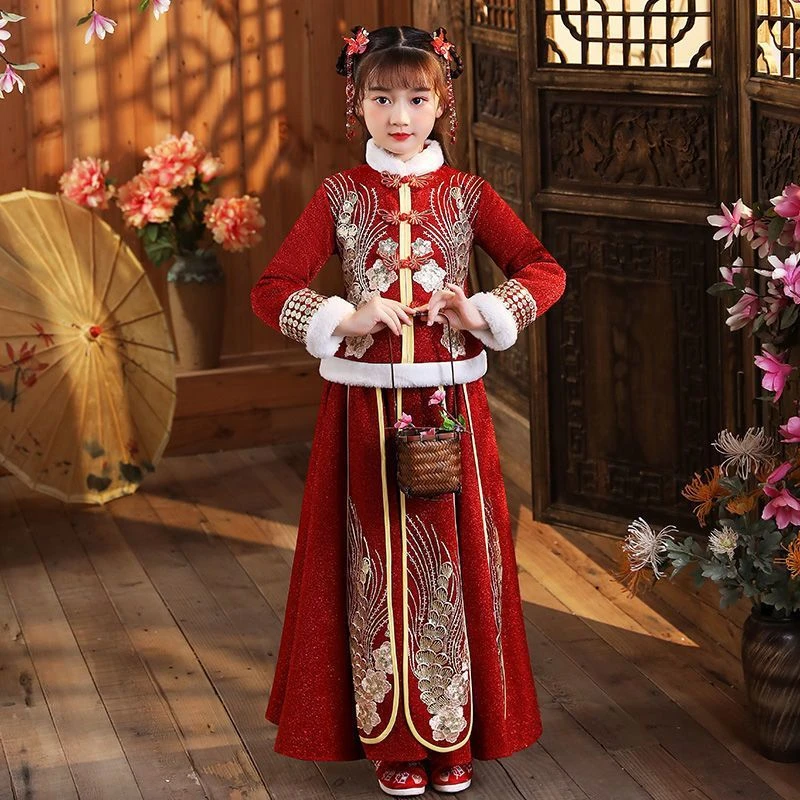 冬季新款时尚女童汉服冬款拜年服女宝中国风2023新款古装过年冬季