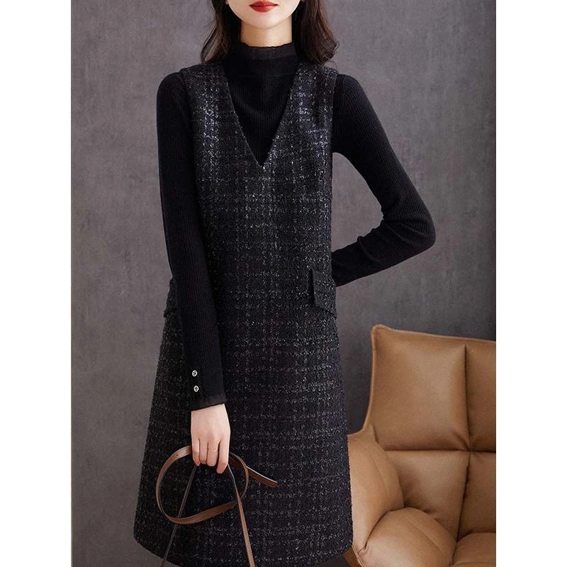 复古小香风粗花呢无袖领背心裙2023秋冬新款减龄马甲中长连衣裙