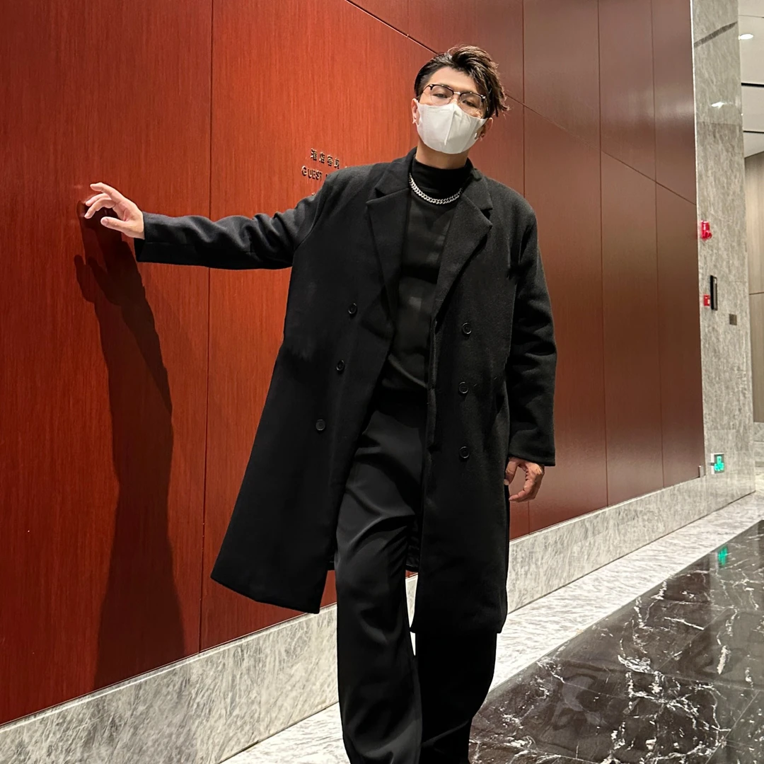 传奇保罗秋冬大衣男士韩版过膝中长款宽松夹棉加厚黑色呢子外套男