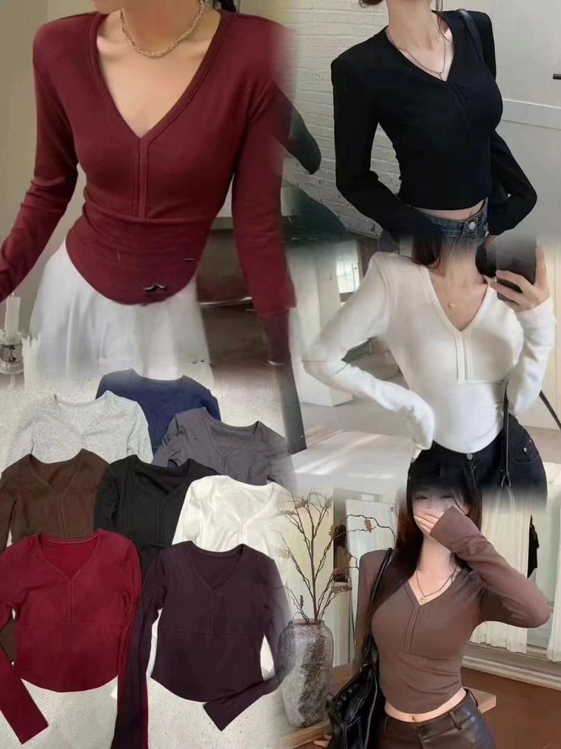 【YANZIJIA】辣妹设计感V领磨毛长袖T恤（以直播间实物为准）