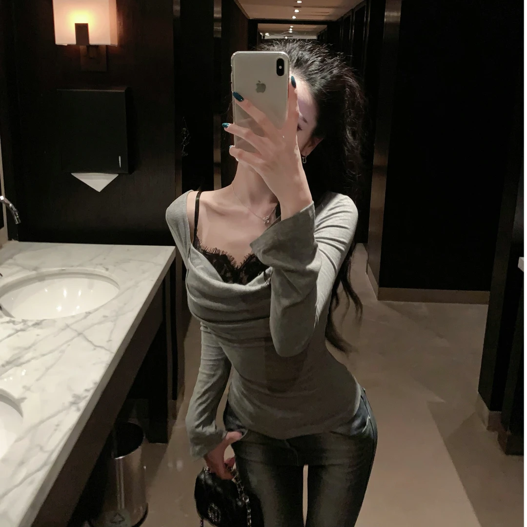 杜总家 纯欲主理人*原创韩漫姐姐纯欲天鹅颈荡领收腰两件套女上衣