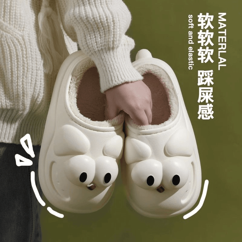 大眼狗防水棉拖鞋女冬季外穿保暖防滑家用包头加绒拖鞋女款冬厚底