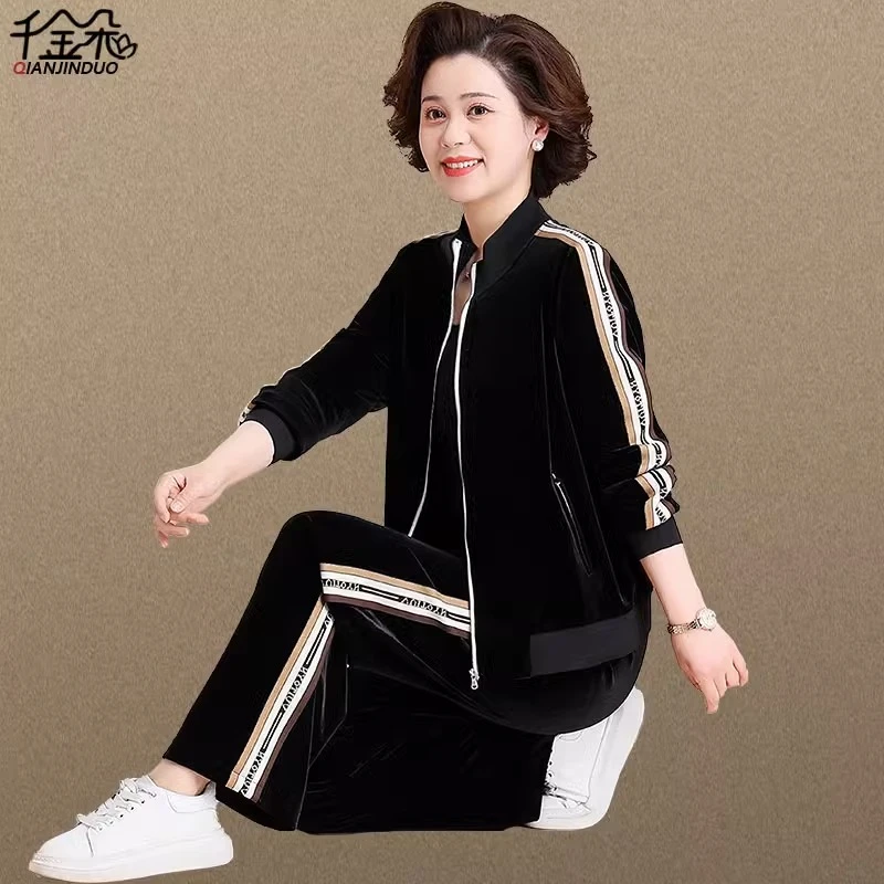 妈妈秋装洋气外套2023新款中老年人金丝绒运动服套装女春秋两件套