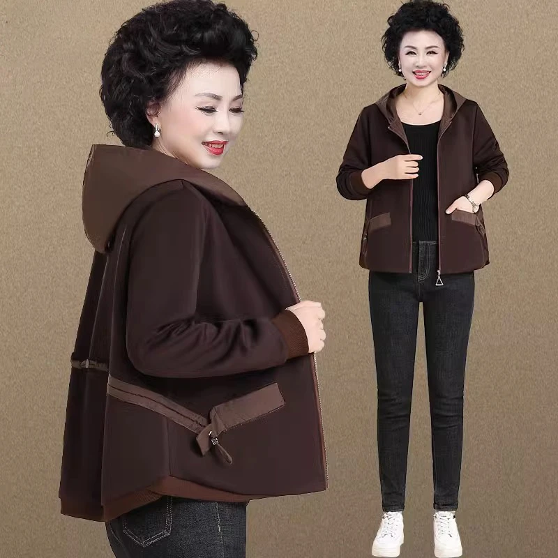 50岁妈妈秋装外套短款中老年人春秋女装阔太太气质夹克连帽上衣服