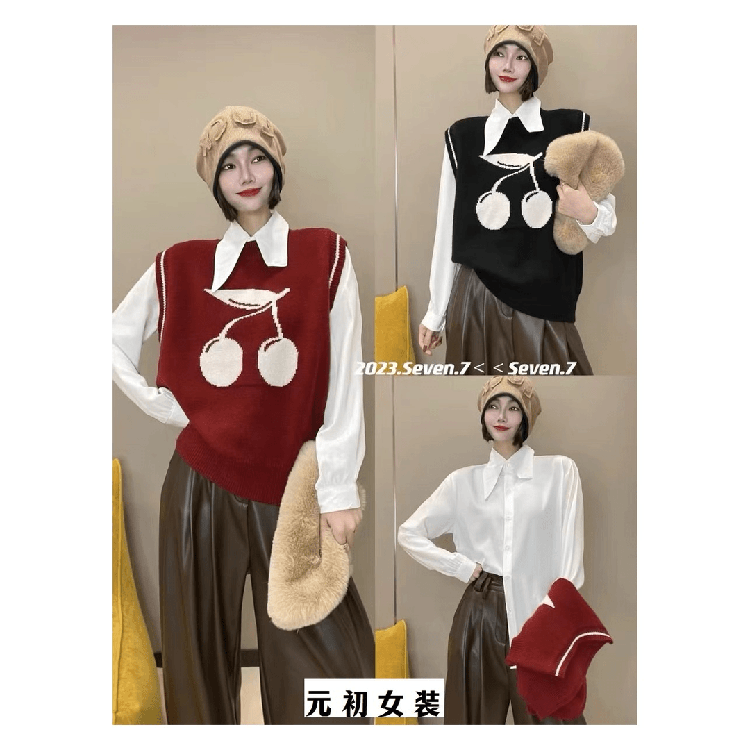 米莱jiaer/冬季新款女装时尚白色翻领衬衣外搭针织马甲两件套7811